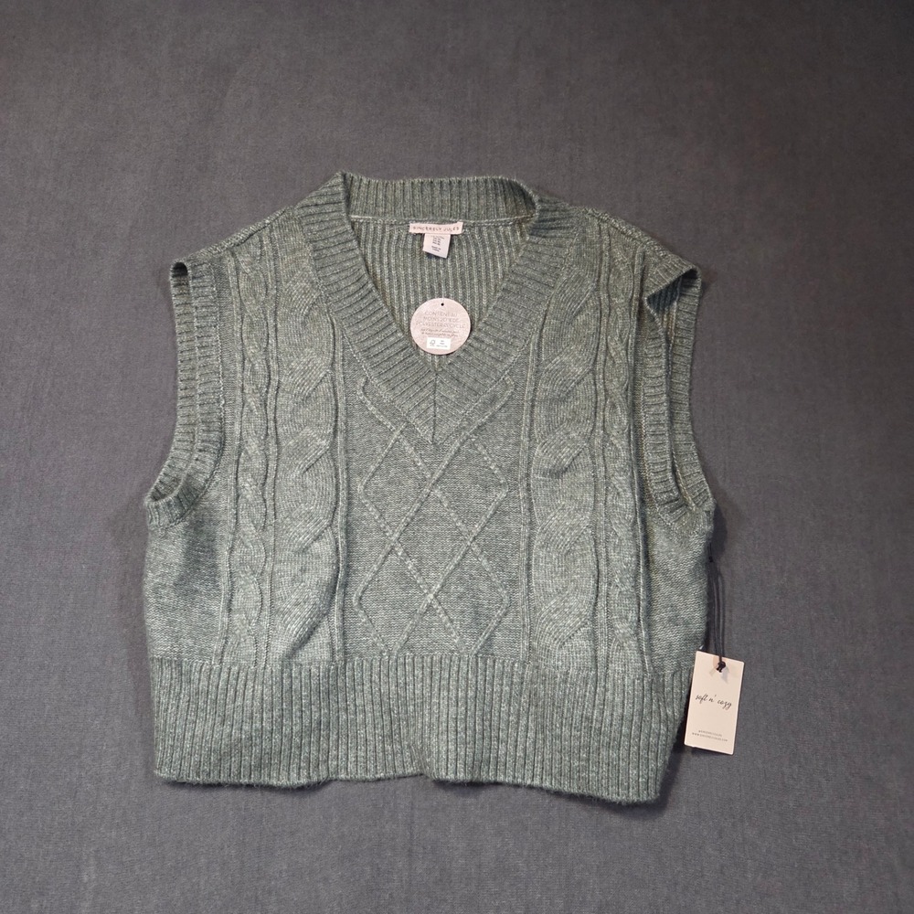 Sincerely Jules Sweater Vest Womens XS/S Green Cable Knit V-Neck Sleeveless